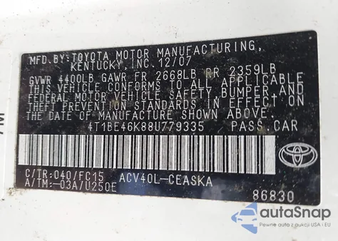 2008 Toyota Camry Se from USA, damaged, VIN 4T1BE46K88U779335